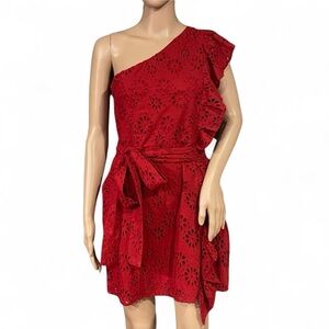 NWOT! Lovers + Friends Red One Shoulder Eyelet Mini Dress Size Medium Ruffle